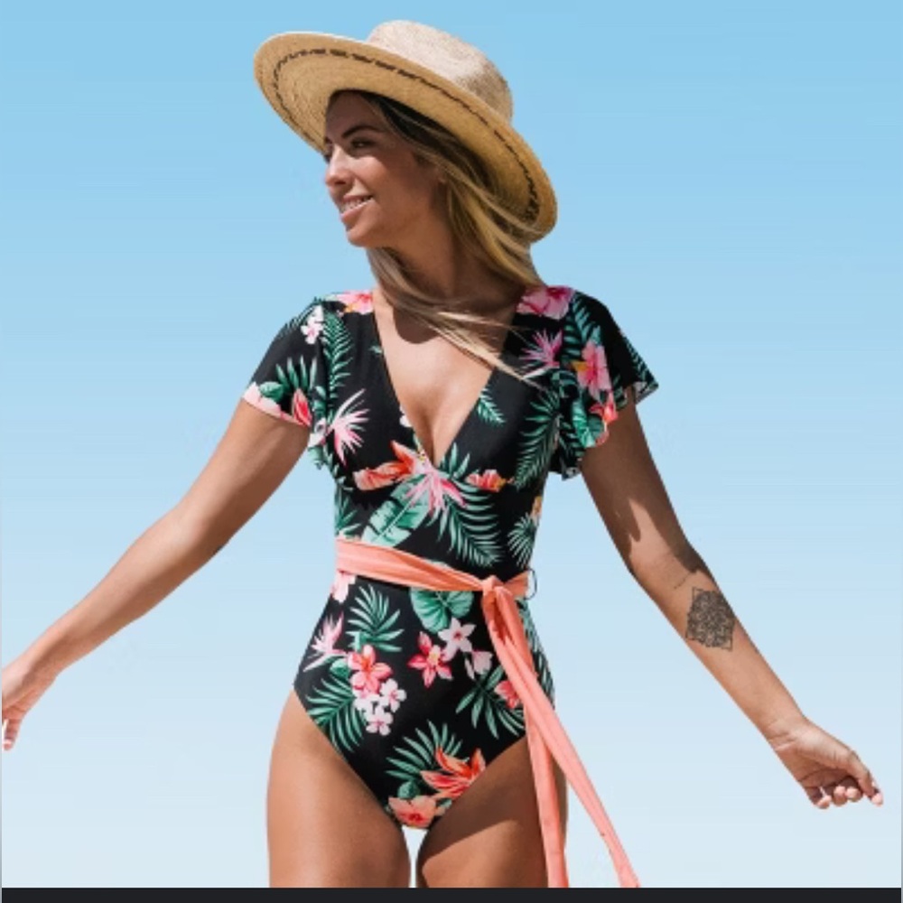 CUPSHE Black Tropical Floral One-Piece Peach Tie Swimsuit L NWT